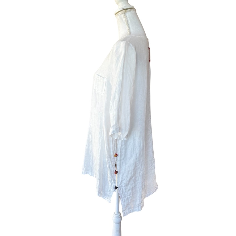 Small Linen Tunic Top Patchwork Pocket White - image 3
